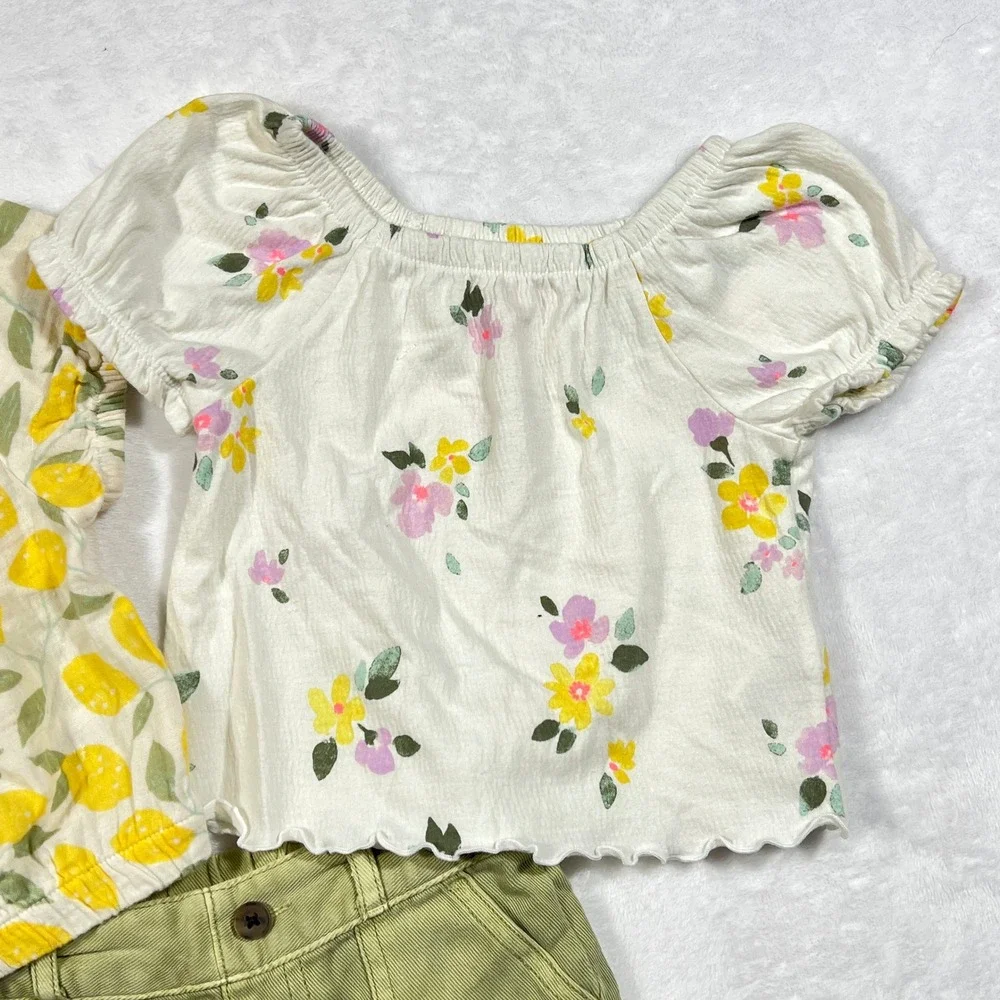Cat & Jack Girls 3pc Summer Set 18M Lemon Floral Tops Olive Green Shorts